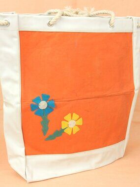 Vintage Canvas and Vinyl Felt Floral Double Handle Tote Handbag Shopper 1960s